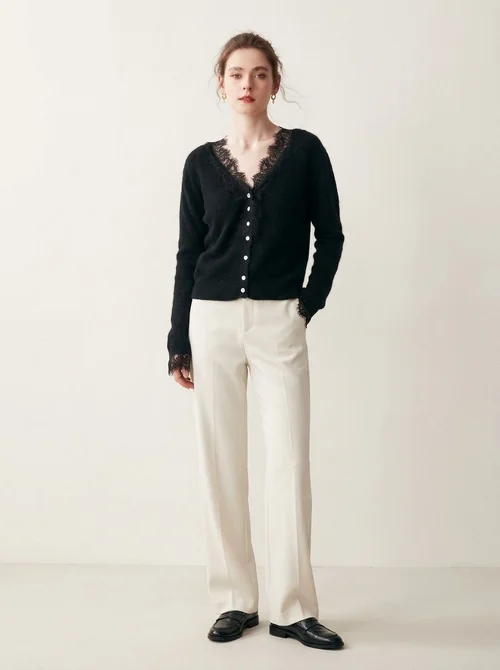 Cashmere Lace-Trimmed Knit V-Neck Cardigan Sweater