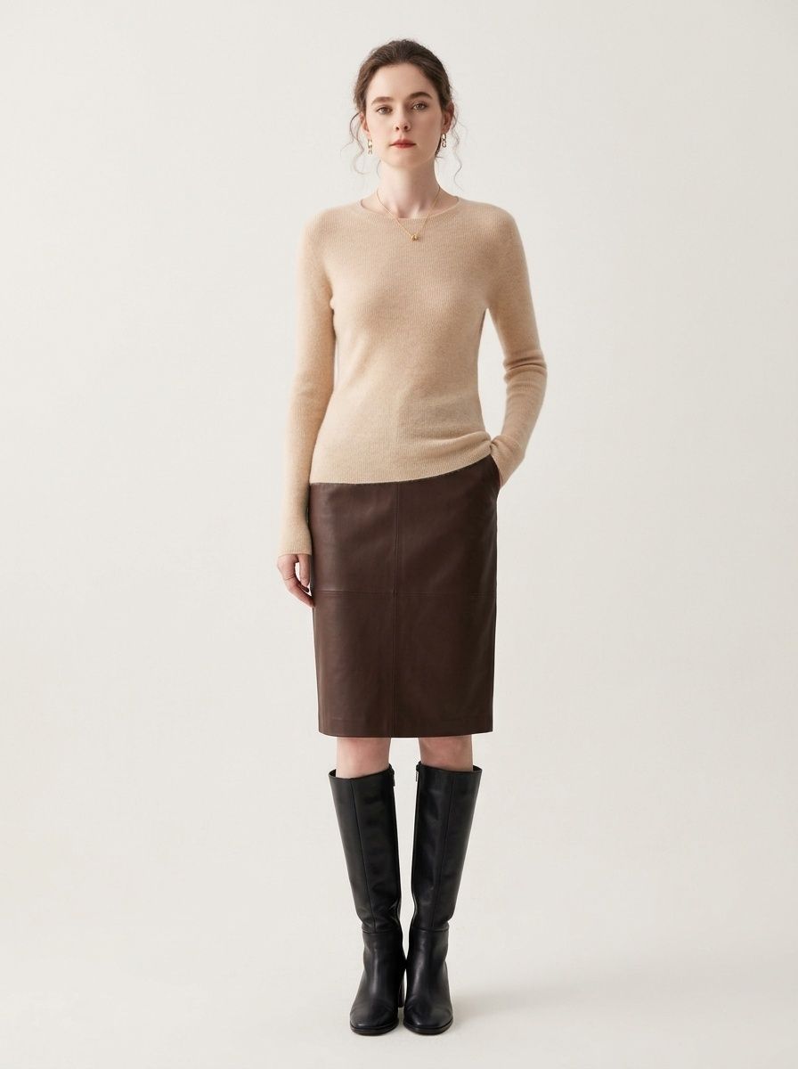 Cashmere Women's Crewneck Ribbed Long Sleeve Knit Sweater