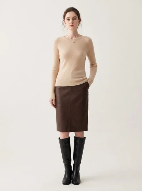 Cashmere Women's Crewneck Ribbed Long Sleeve Knit Sweater