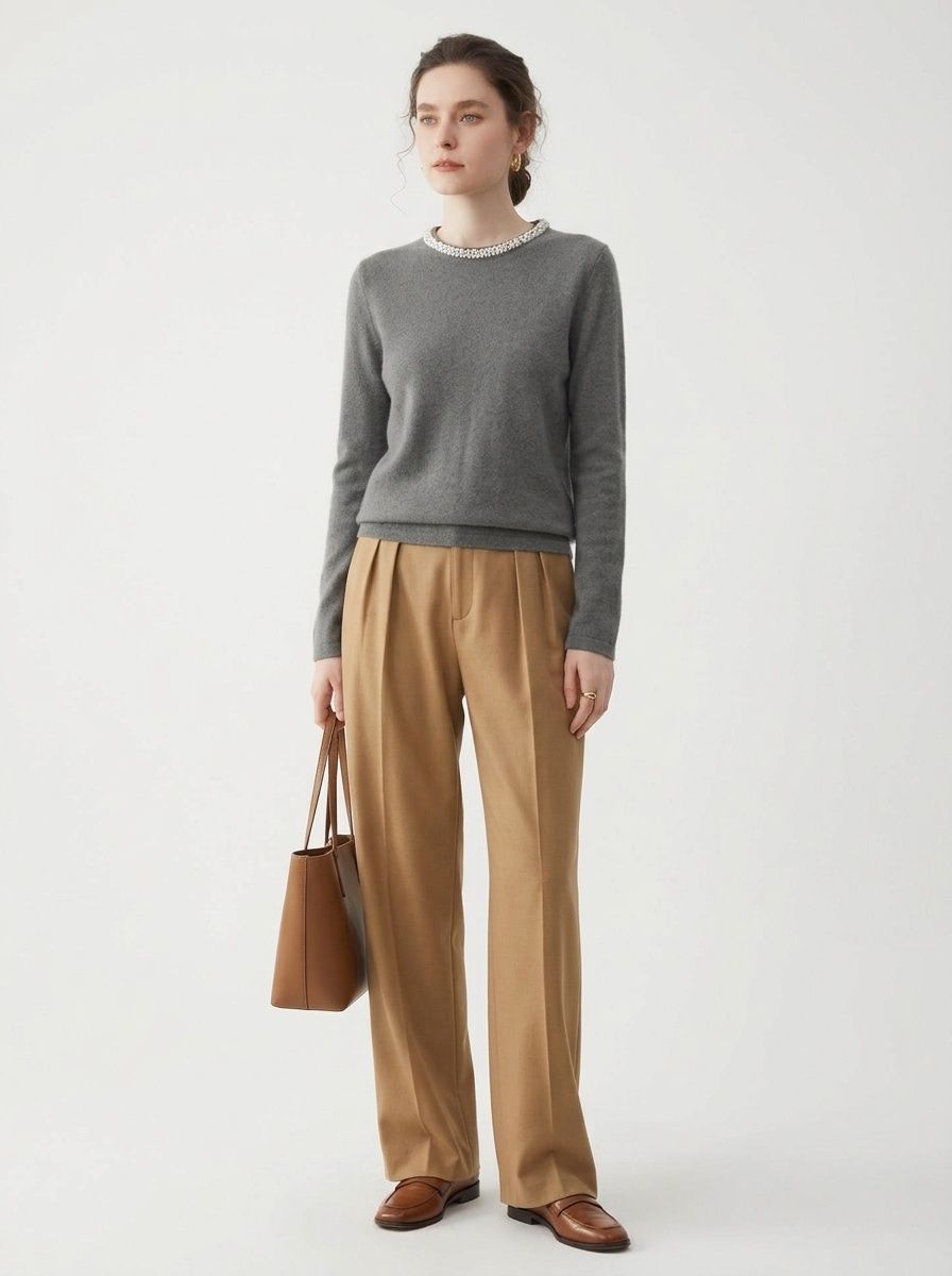Cashmere Pearl Embellished Crew Neck Knit Sweater