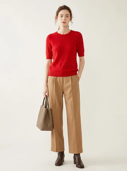 Cashmere Women's Short Sleeve Cable Knit Crewneck Sweater