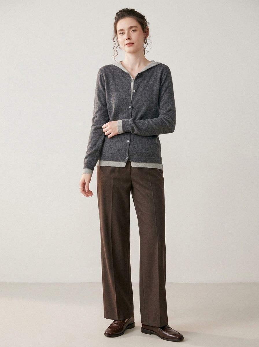 Cashmere Women's Layered Hooded Knit Button Cardigan