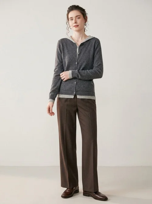 Cashmere Women's Layered Hooded Knit Button Cardigan