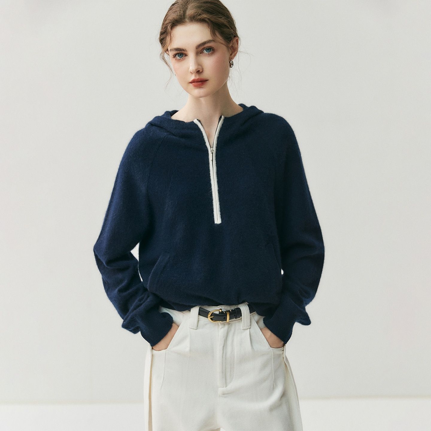Pull en maille à capuche demi-zip en cachemire pour femme