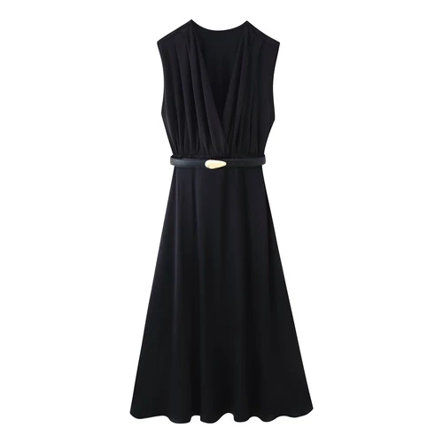 Midi Dress with Belt - European Style Women's Dress KUN-00208
