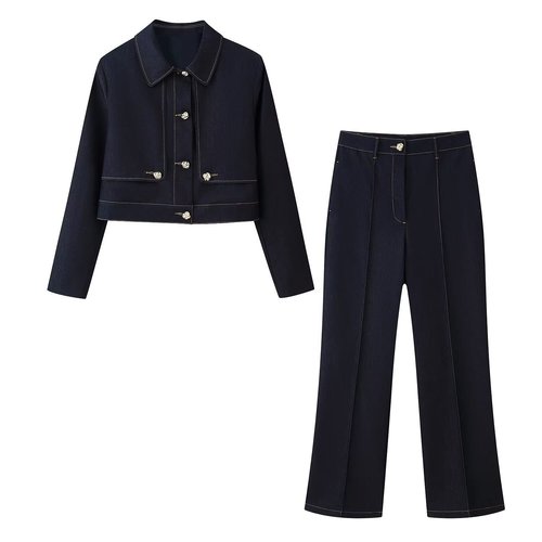 Damen-Set: Kurze Jacke und Hose mit geradem Bein in Color-Block-Optik KUN-00064