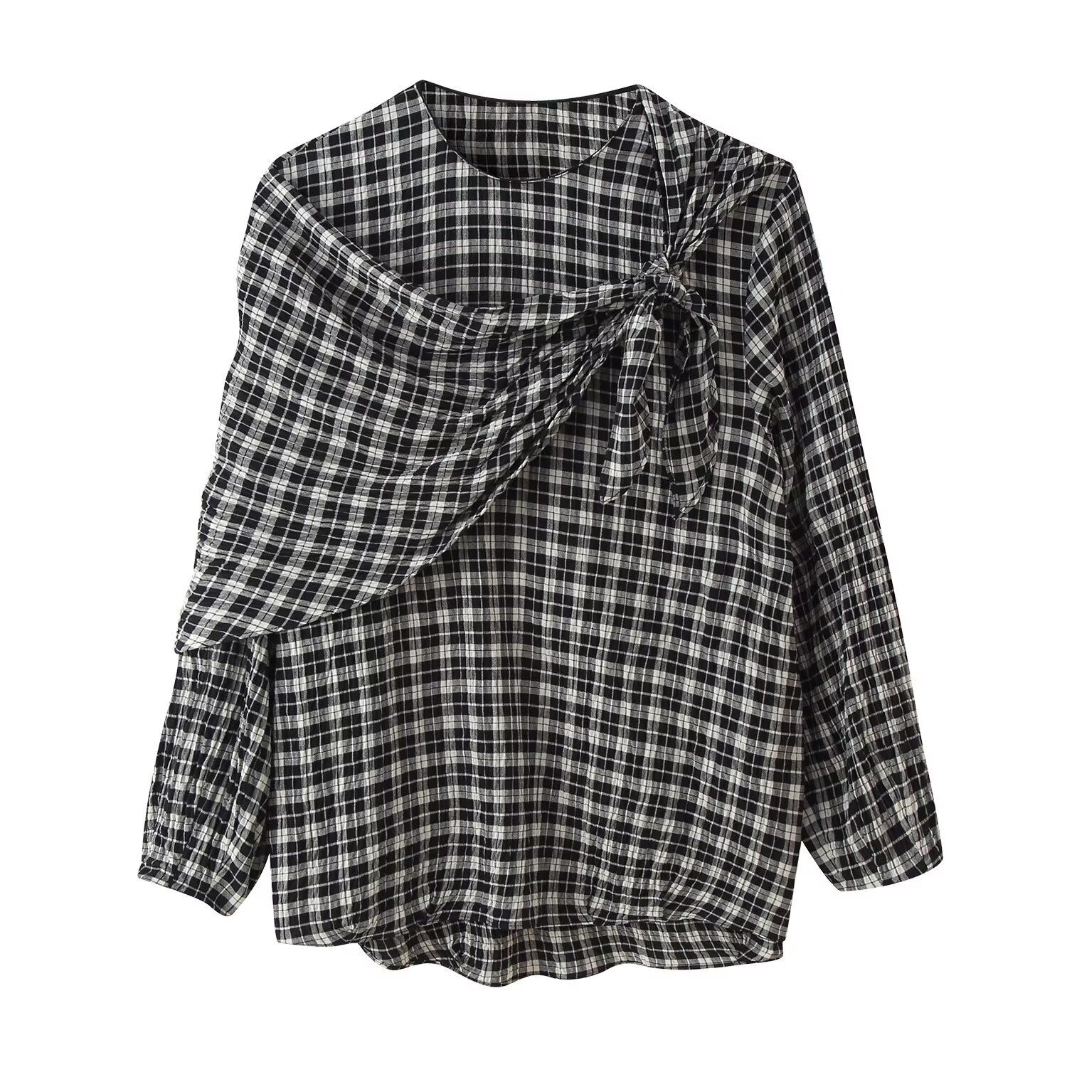 Women's Plaid Headscarf Shirt - Versatile Fashion Top KUN-00065