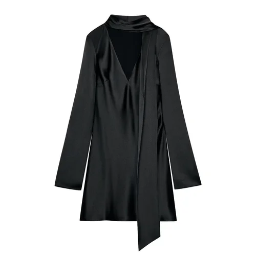 Silk Satin Scarf Dress - Elegant European Style KUN-00158