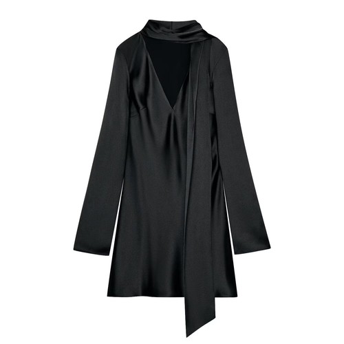 Silk Satin Scarf Dress - Elegant European Style KUN-00158