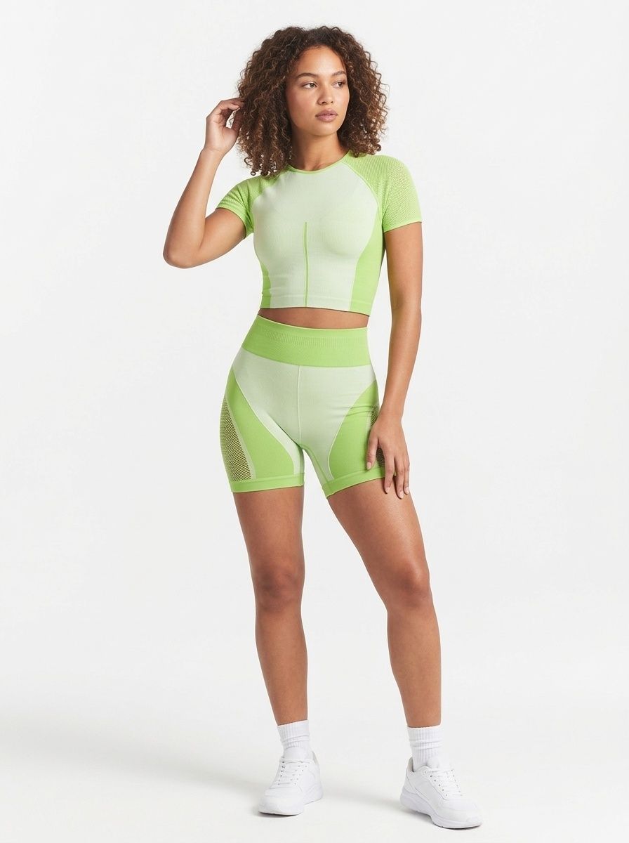 Color-Blocked Slimming Mesh Yoga Set with Quick-Dry T-Shirt and Shorts for Women