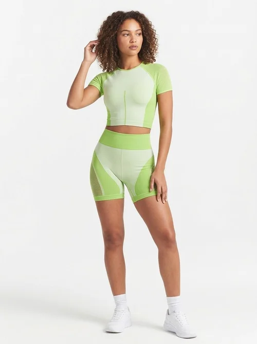 Color-Blocked Slimming Mesh Yoga Set with Quick-Dry T-Shirt and Shorts for Women