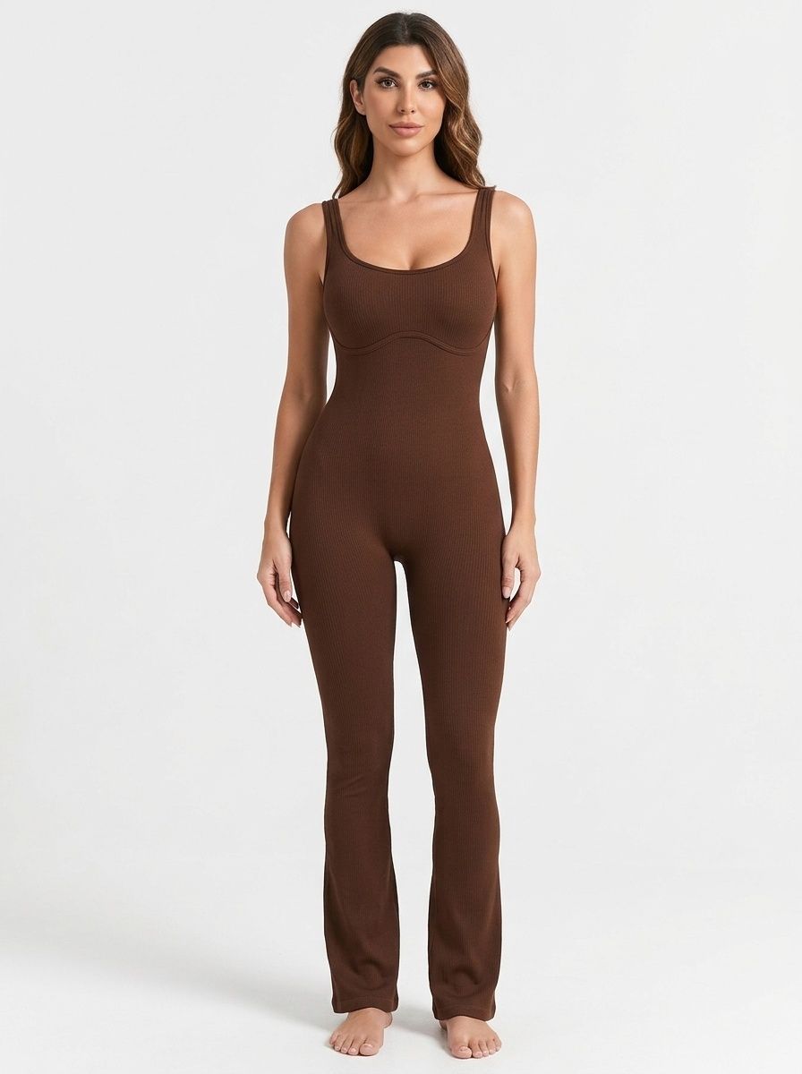 Sexy Ribbed Square Neck Flared Quickdry Jumpsuit with Tummy Control for Women (without pads)