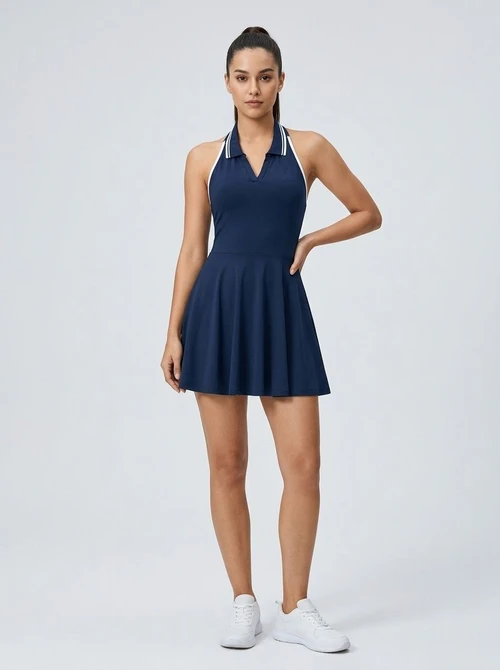 Backless Halter Neck Slimming Tennis Dress for Women with Quickdry Function and Pockets