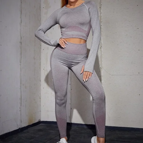 Figurformendes, schnelltrocknendes zweiteiliges Yoga-Set mit langen Ärmeln und hochgeschnittener Leggings für Damen