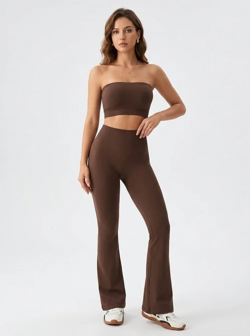 Completo yoga snellente a vita alta con canotta senza spalline e leggings svasati da donna (senza imbottitura)