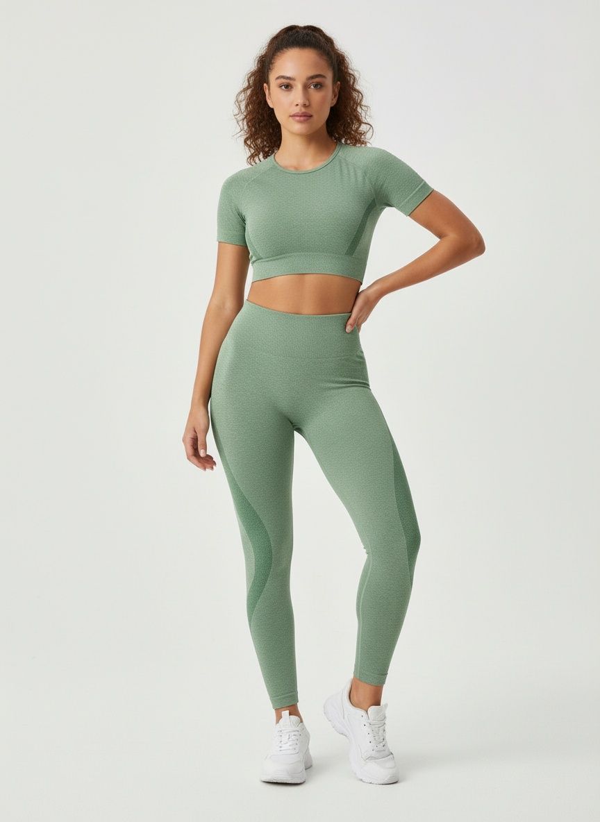 High-Waisted Slimming Moisture-Wicking Short-Sleeved Fitness Leggings Set for Women