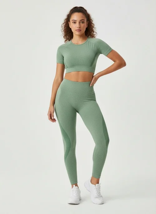 Hochgeschnittenes, figurformendes, feuchtigkeitsableitendes Kurzarm-Leggings-Set für Damen