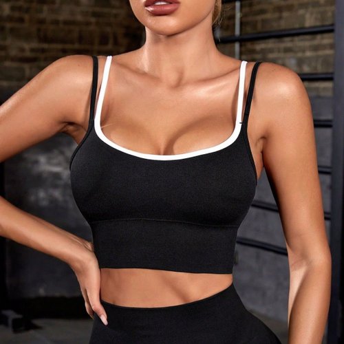 Sujetador deportivo de doble tirante con bloques de color, efecto adelgazante, secado rápido y absorción de impactos para mujer.