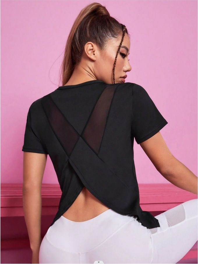 T-shirt de yoga ample, à séchage rapide, dos nu en maille et effet amincissant pour femmes