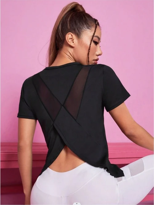 T-shirt de yoga ample, à séchage rapide, dos nu en maille et effet amincissant pour femmes
