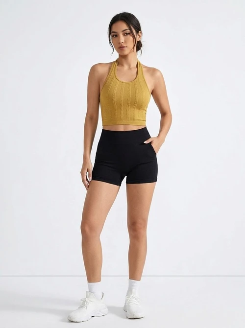 Ribbed Halter Neck Quick-Dry Slimming Yoga Vest for Women (without pads)