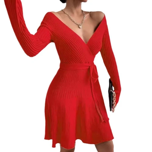Knit Bodycon Dress Low V-Neck Long Sleeve Tie Waist