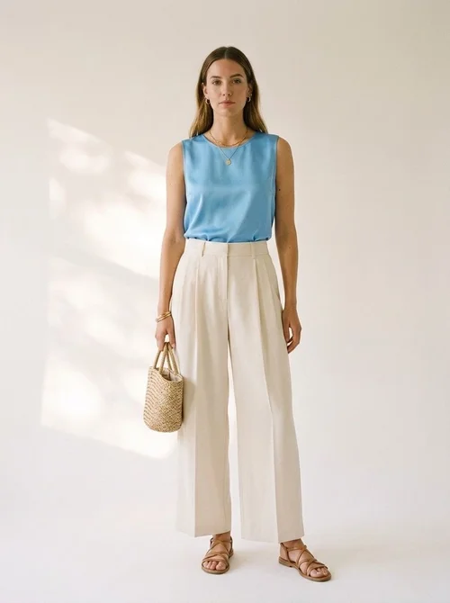 Eleganti pantaloni a gamba larga con pieghe - color bianco sporco