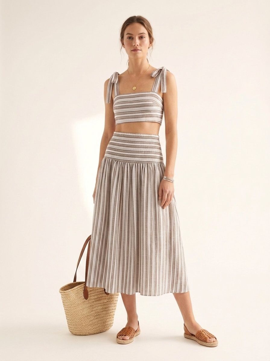 Completo composto da crop top a righe con laccetti sulle spalle e gonna midi - Chic estivo