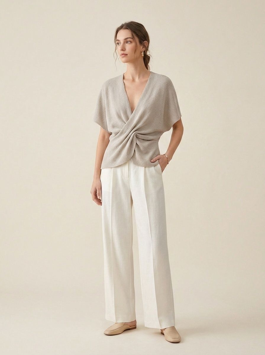 Elegante top in maglia beige con scollo a V e dettaglio intrecciato sul davanti, per donna.