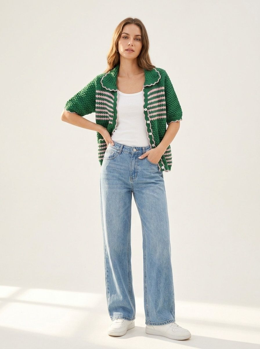 Cardigan da donna a righe verdi e rosa lavorato a maglia