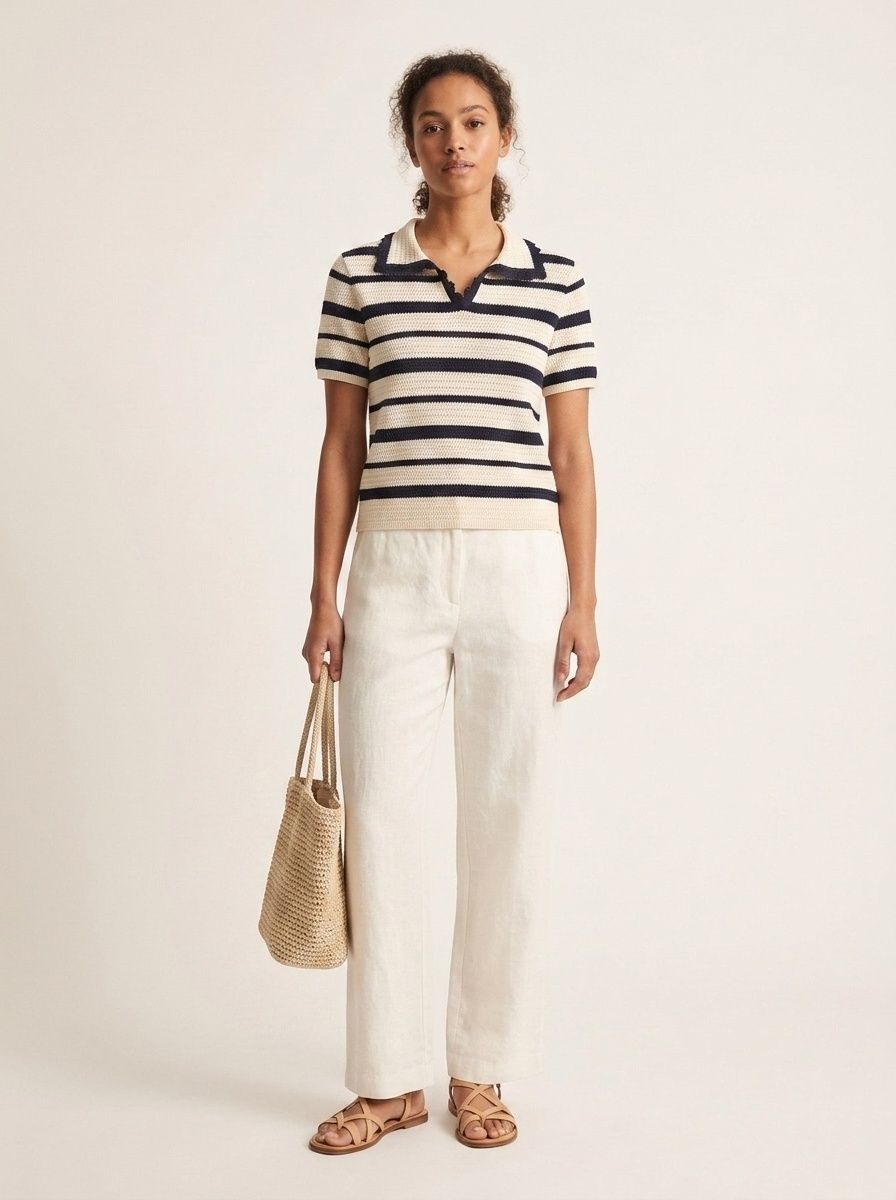 Polo da donna a righe in maglia - Top corto a maniche corte