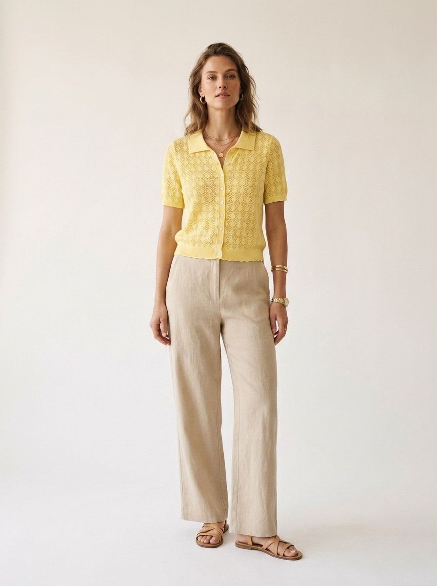 Cardigan polo da donna giallo a maglia aperta, maniche corte