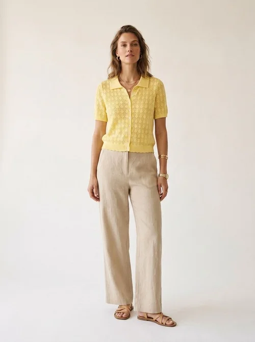 Cardigan polo da donna giallo a maglia aperta, maniche corte