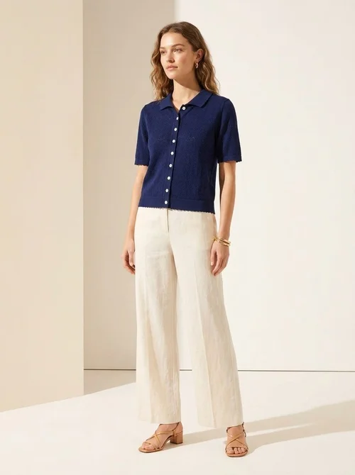 Cardigan polo da donna blu navy in maglia - Maniche corte con bottoni