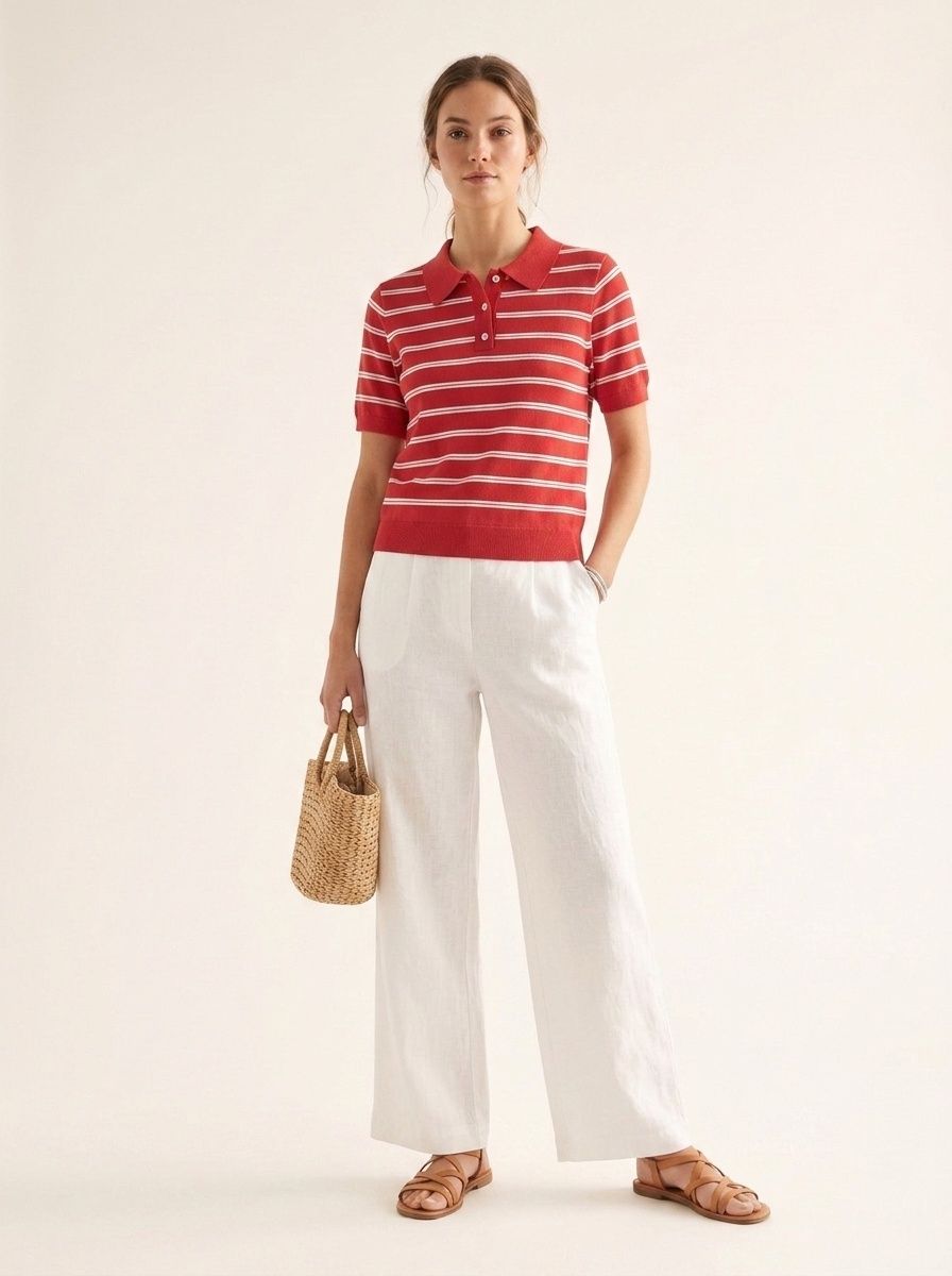 Polo da donna a righe in maglia - Top casual a maniche corte