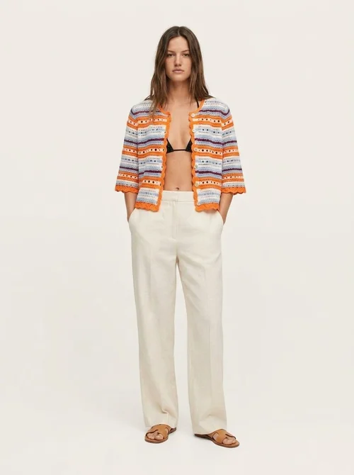 Cardigan a righe all'uncinetto - Maglione a maglia aperta con abbottonatura frontale