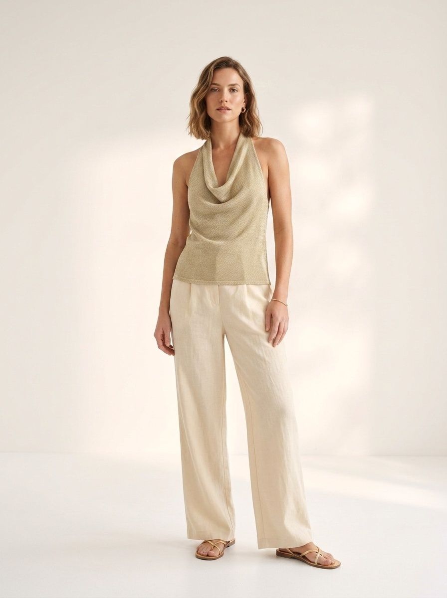 Top all'americana con scollo a cascata color oro scintillante - Elegante abito da festa