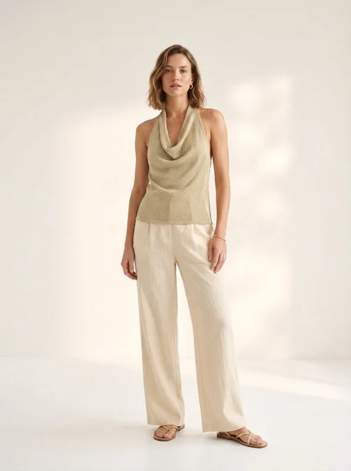Top all'americana con scollo a cascata color oro scintillante - Elegante abito da festa