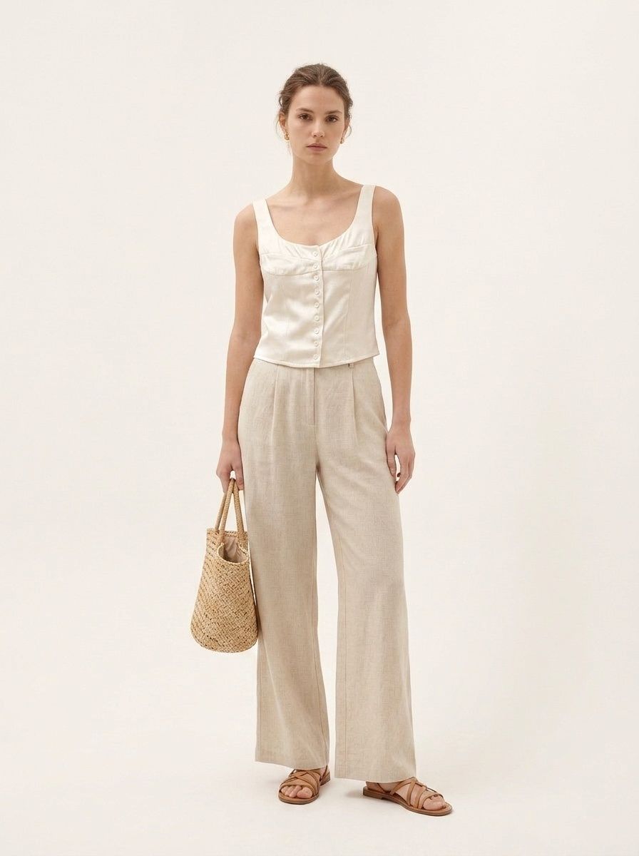Elegante top a corsetto in raso con bottoni sul davanti - Camicetta chic senza maniche