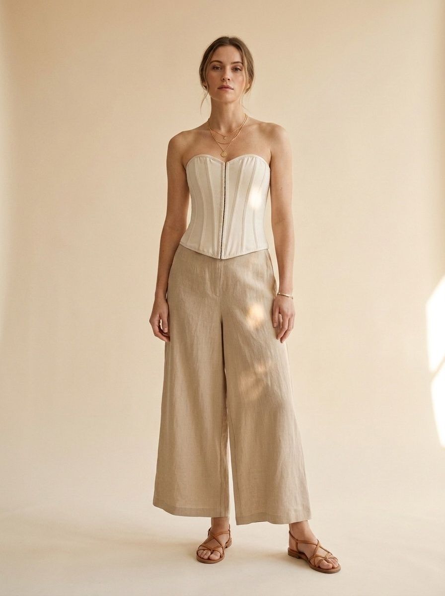 Elegante top a corsetto senza spalline con stecche, color beige.