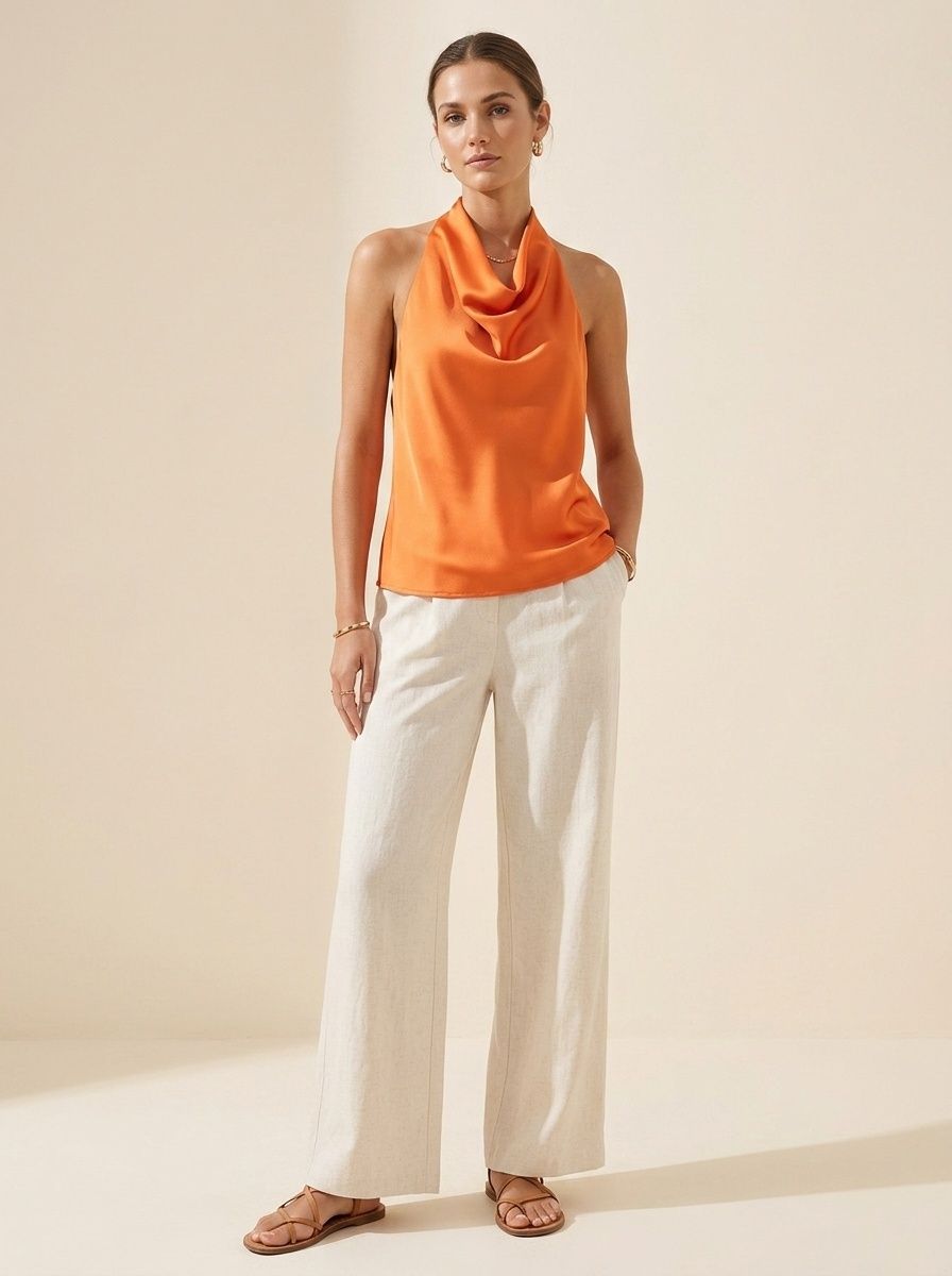 Elegante top da donna in raso con scollo all'americana e drappeggio a cascata.