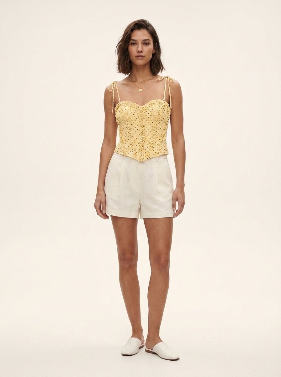 Elegante top a corsetto con volant e spalline da annodare.