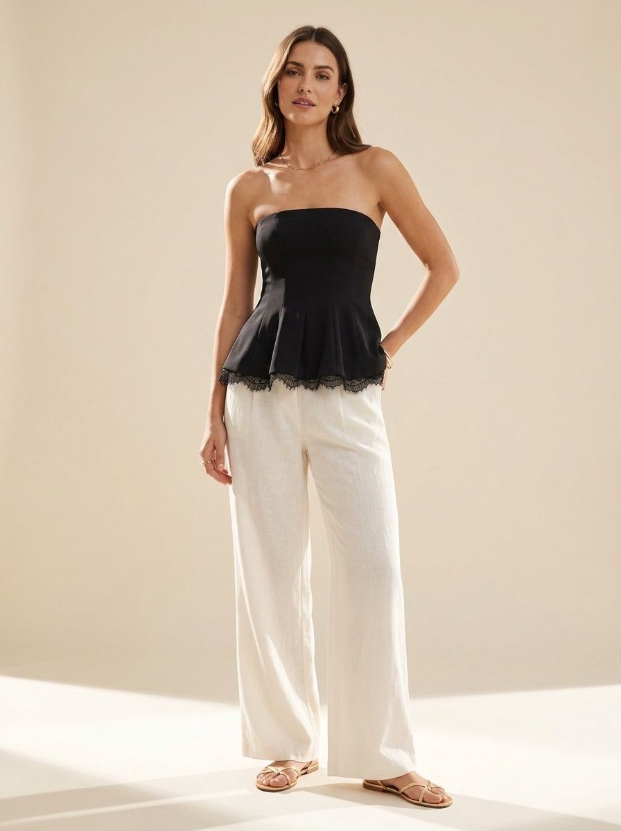 Top peplo senza spalline con bordo in pizzo - Elegante bustier a canotta