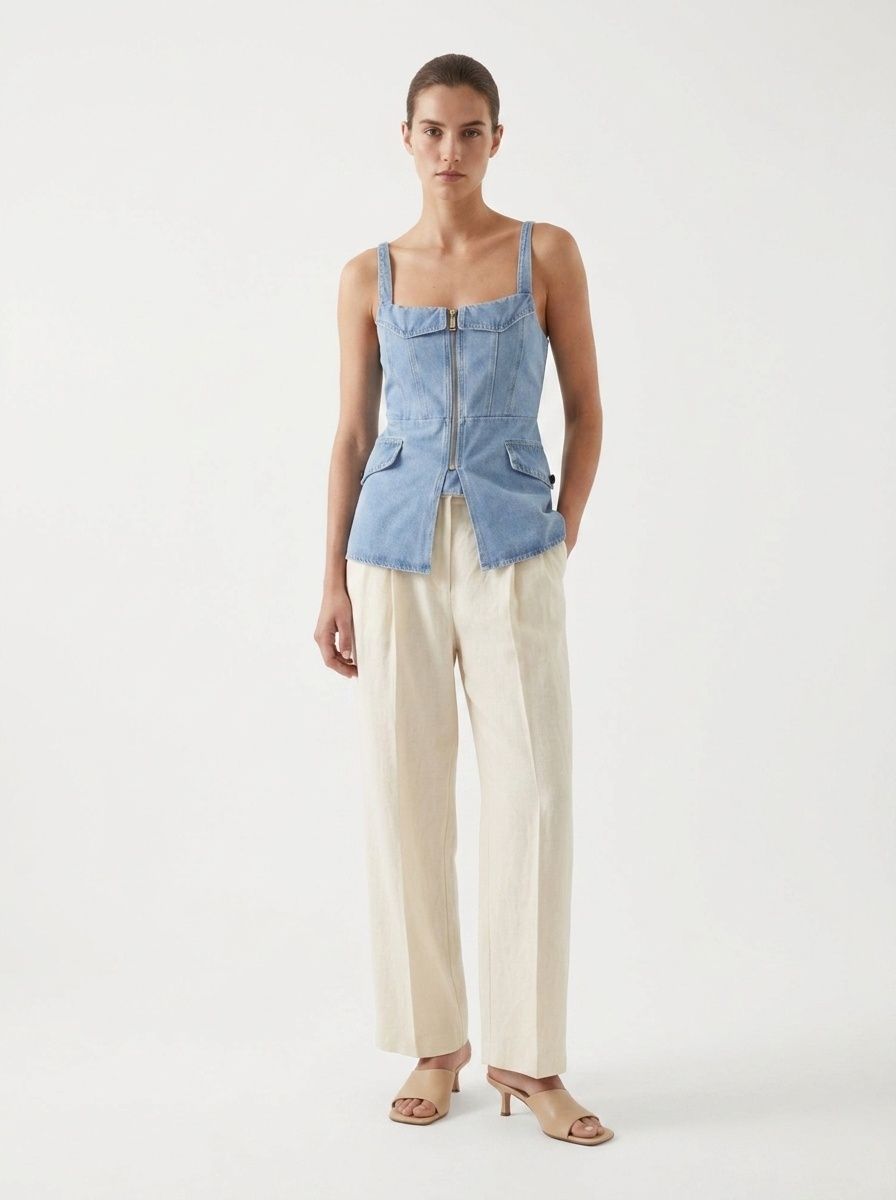Elegante top a corsetto in denim chiaro con cerniera frontale.