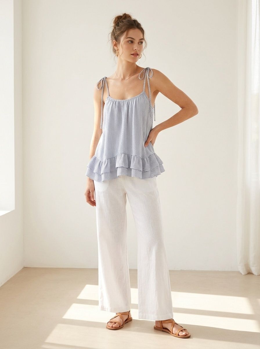 Elegante top a canotta con volant a righe blu e bianche e laccetti sulle spalle.