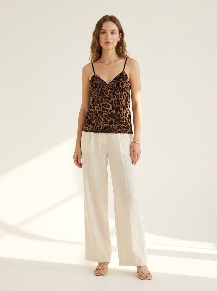 Elegante top a canotta con scollo a V e stampa leopardata.