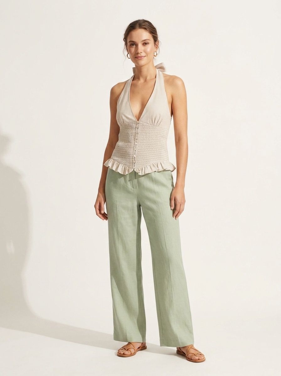 Elegante top a collo alto con volant arricciati - a quadri neri e beige