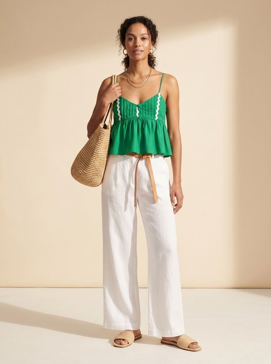 Elegante top a balze verde con bordo ondulato - Stile estivo