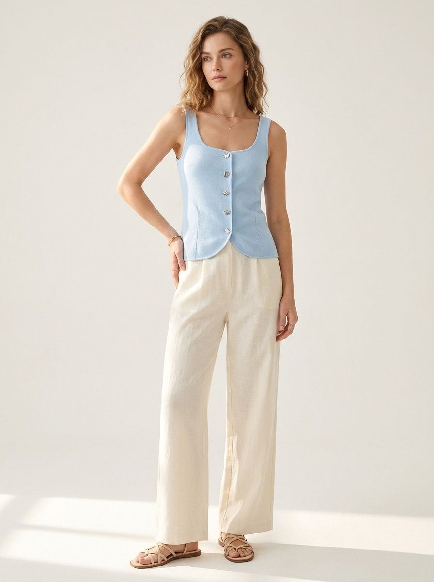 Elegante top in maglia senza maniche con abbottonatura frontale
