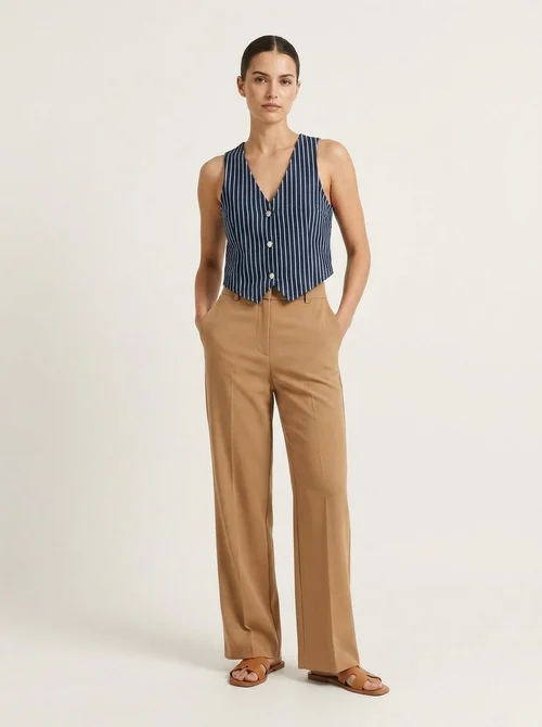 Gilet da donna a righe con scollo a V e bottoni - Top corto senza maniche